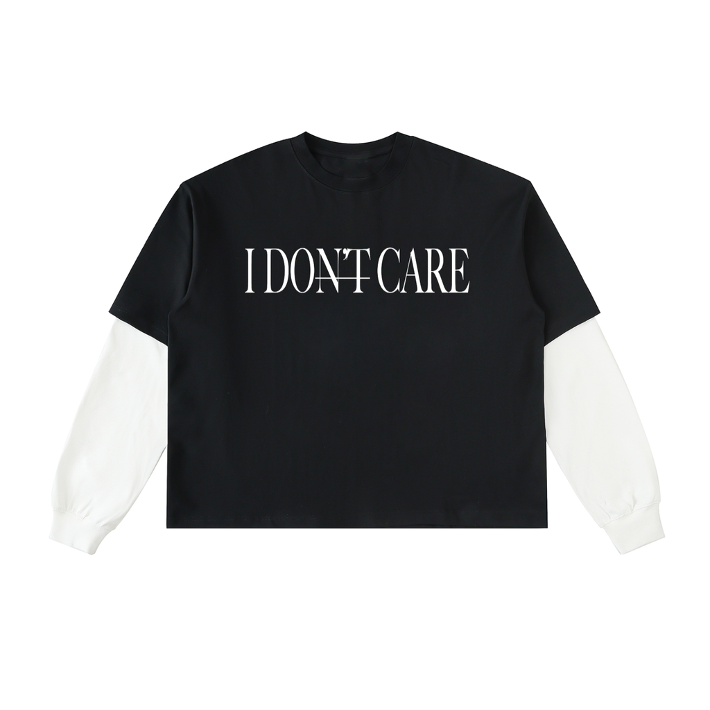 I DON'T CARE - Layered Contrast Sleeve Cotton T-Shirt