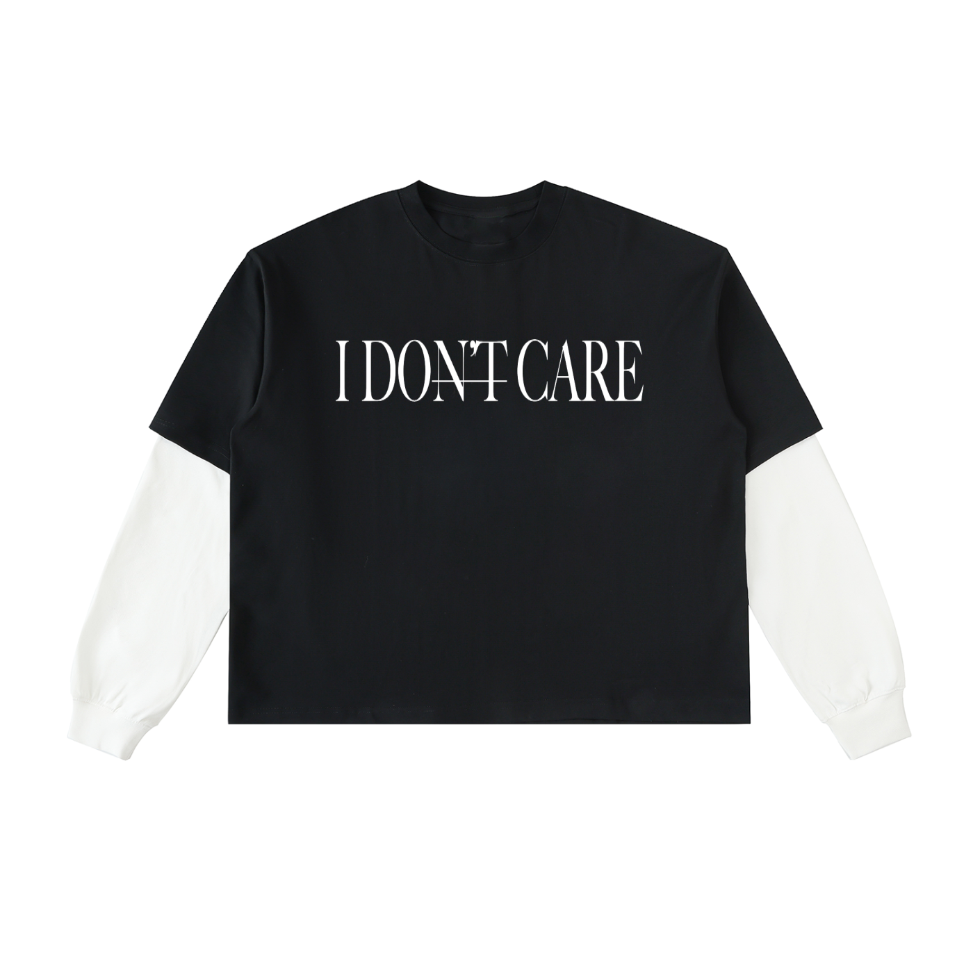 I DON'T CARE - Layered Contrast Sleeve Cotton T-Shirt